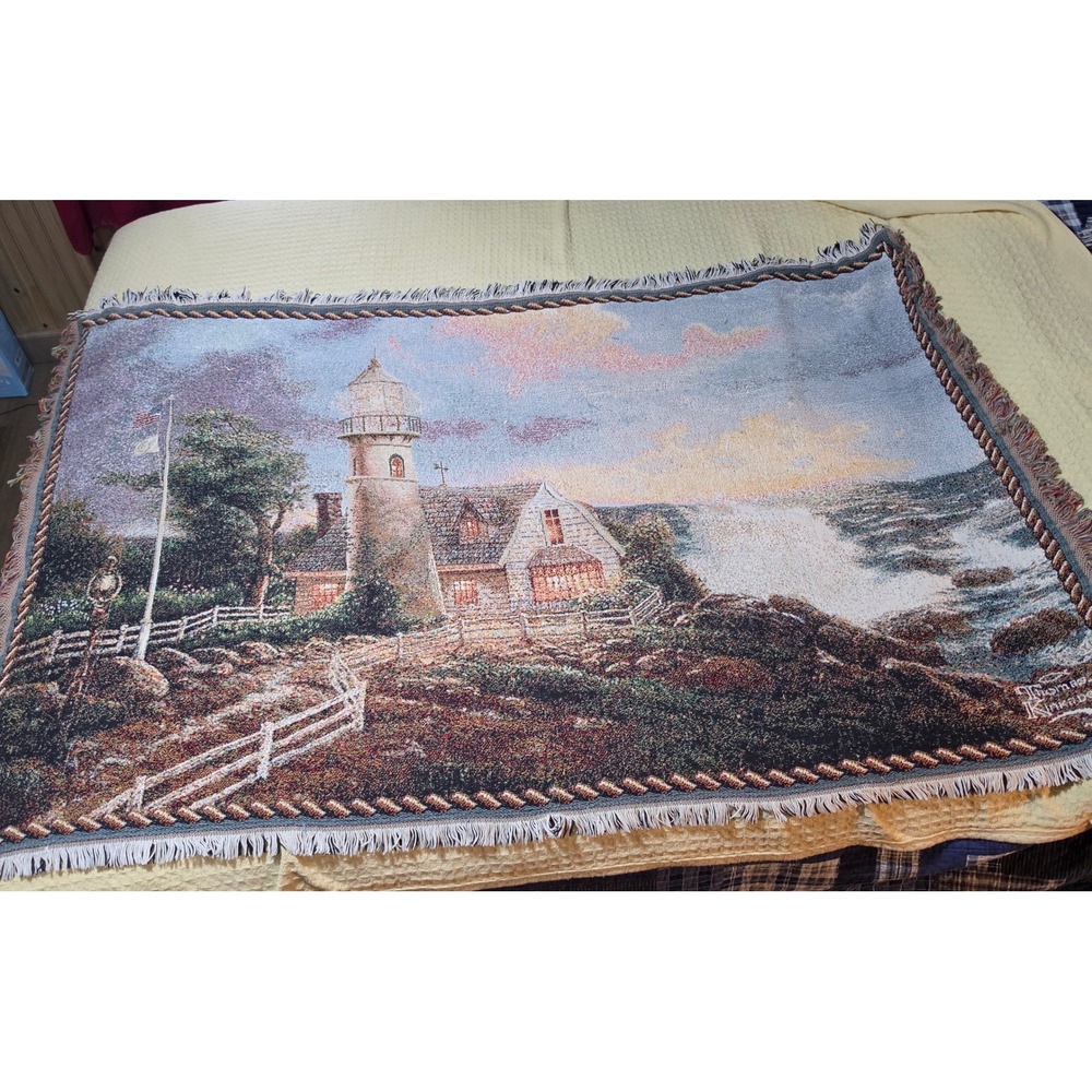 Thomas Kinkade Painter of Light Lighthouse Woven Tapestry Throw Blanket 68x46